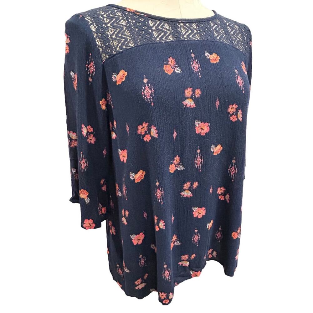 Size 18.5 Mudd Girls Boho Navy Blue Pink Print Blouse Shirt Lace